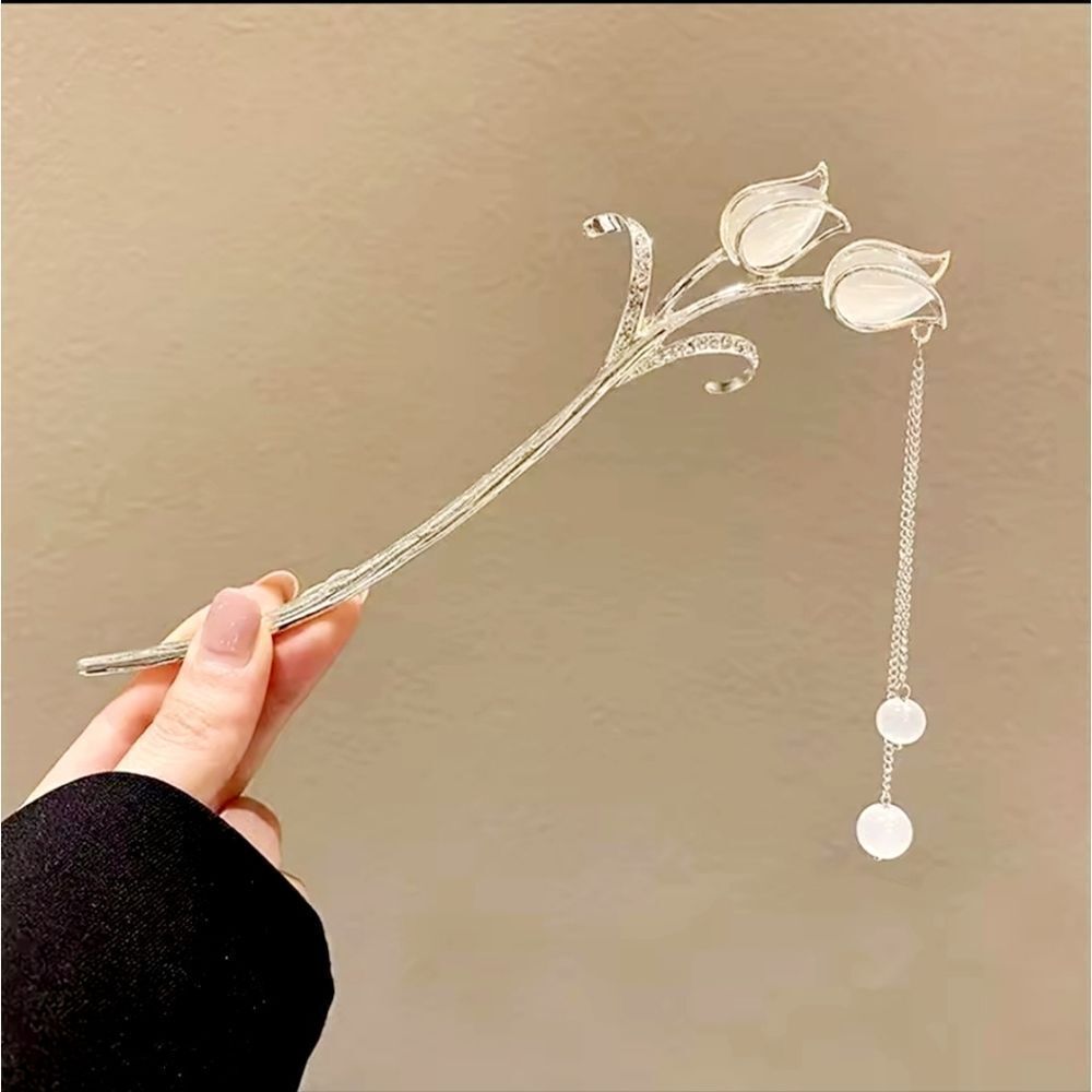 Brand New Gold Tone Tulip Pearl Rhinestone Hair Pin